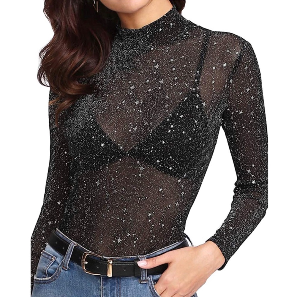 Long Sleeve Mesh High Neck Top